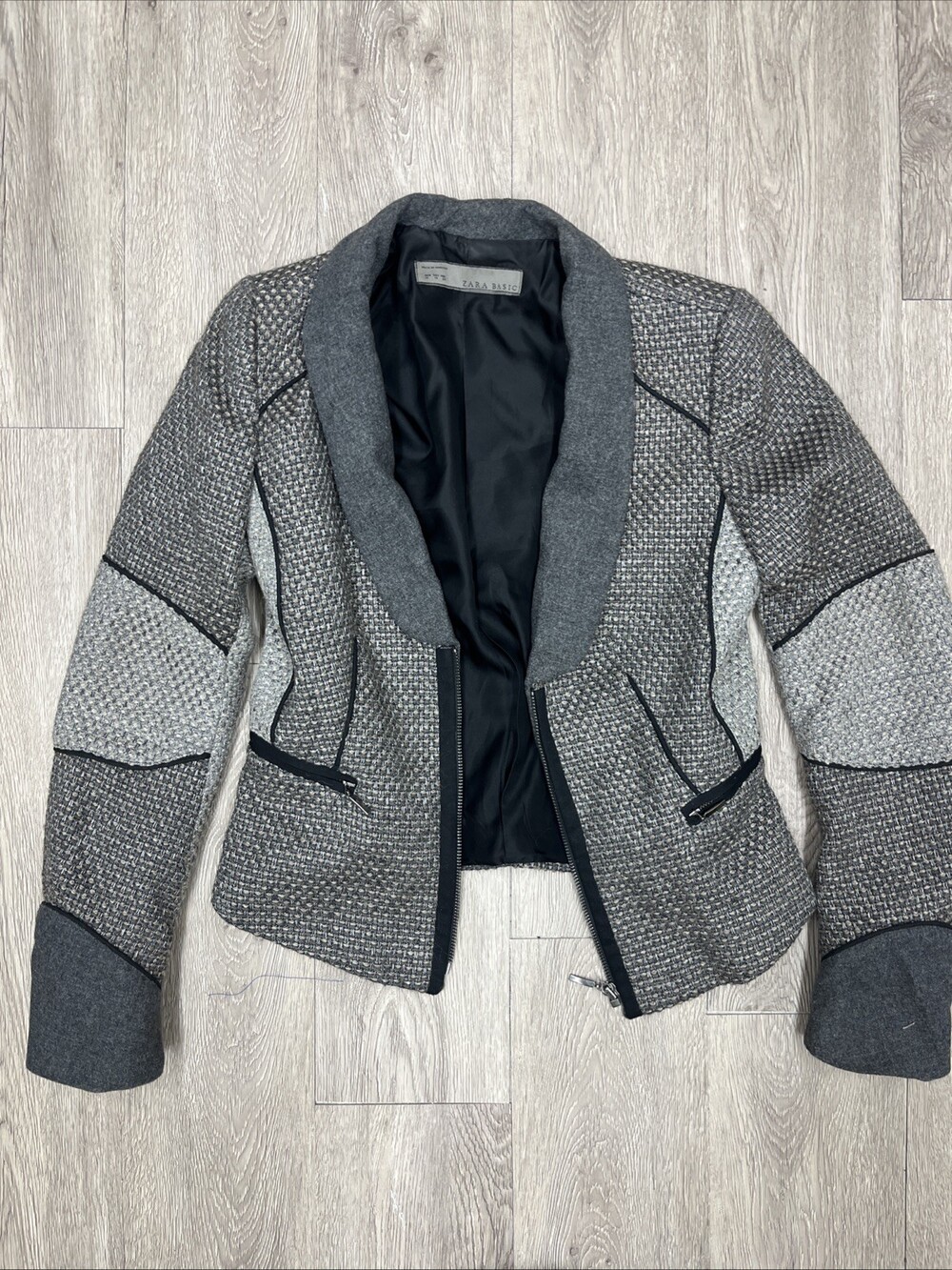 ZARA Basics Grey Tweed Blazer Jacket Lined Zip Pockets Womens Medium Color Block